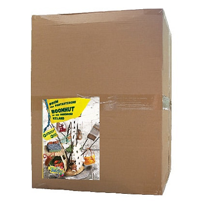 Een doos vol materialen, zodat er genoeg te kiezen valt voor de kinderen tijdens het kinderfeestje boomhutten bouwen.